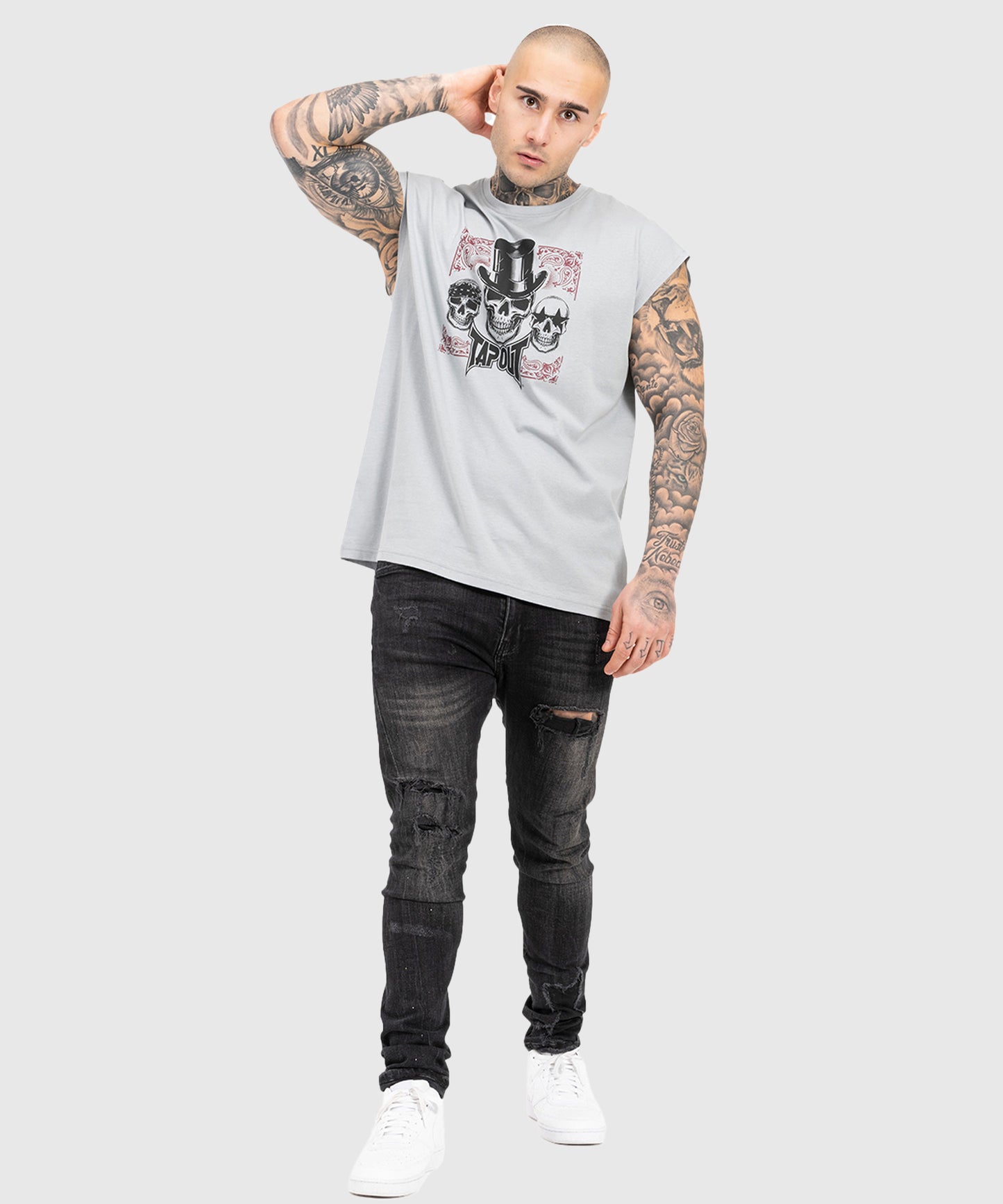 Tapout Skull Ärmelloses T-Shirt - Grau/Schwarz/Rot