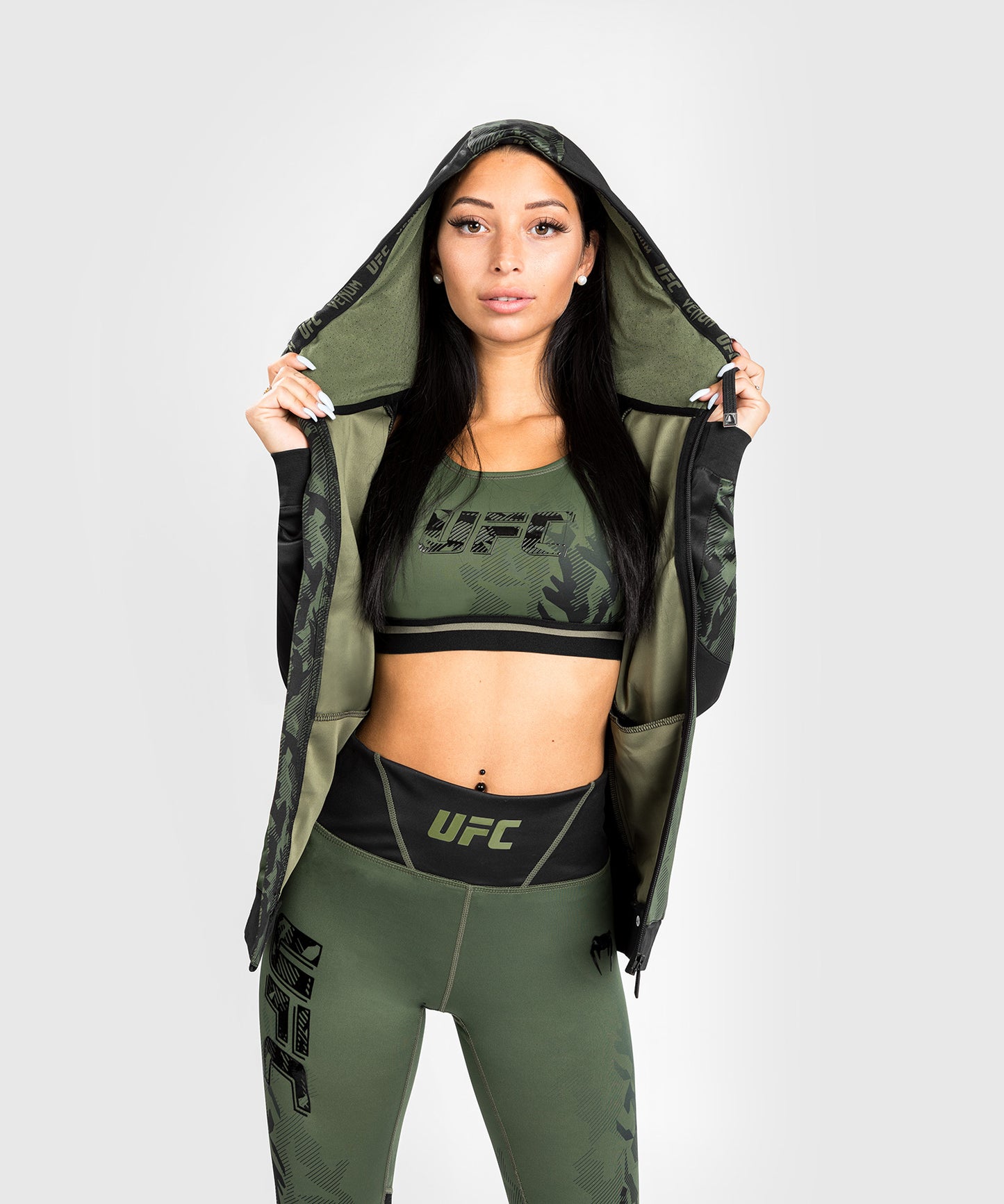 UFC Venum Authentic Fight Week Damen Hoodie mit Reißverschluss - Khaki