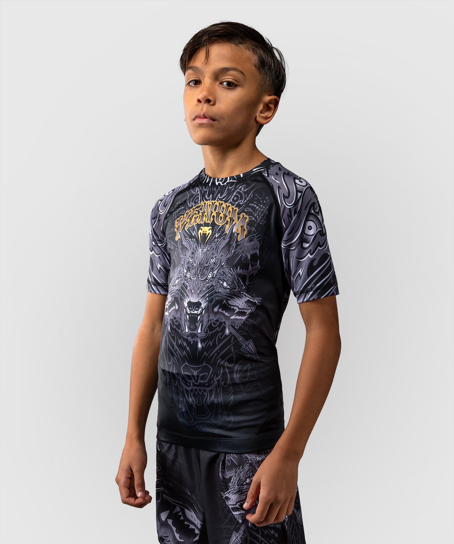 Rashguard à Manches Courtes Pour Enfants Venum Wolf Atak – Noir/Gris