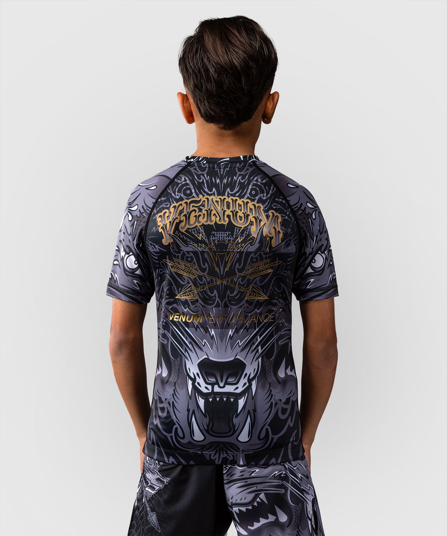 Rashguard à Manches Courtes Pour Enfants Venum Wolf Atak – Noir/Gris