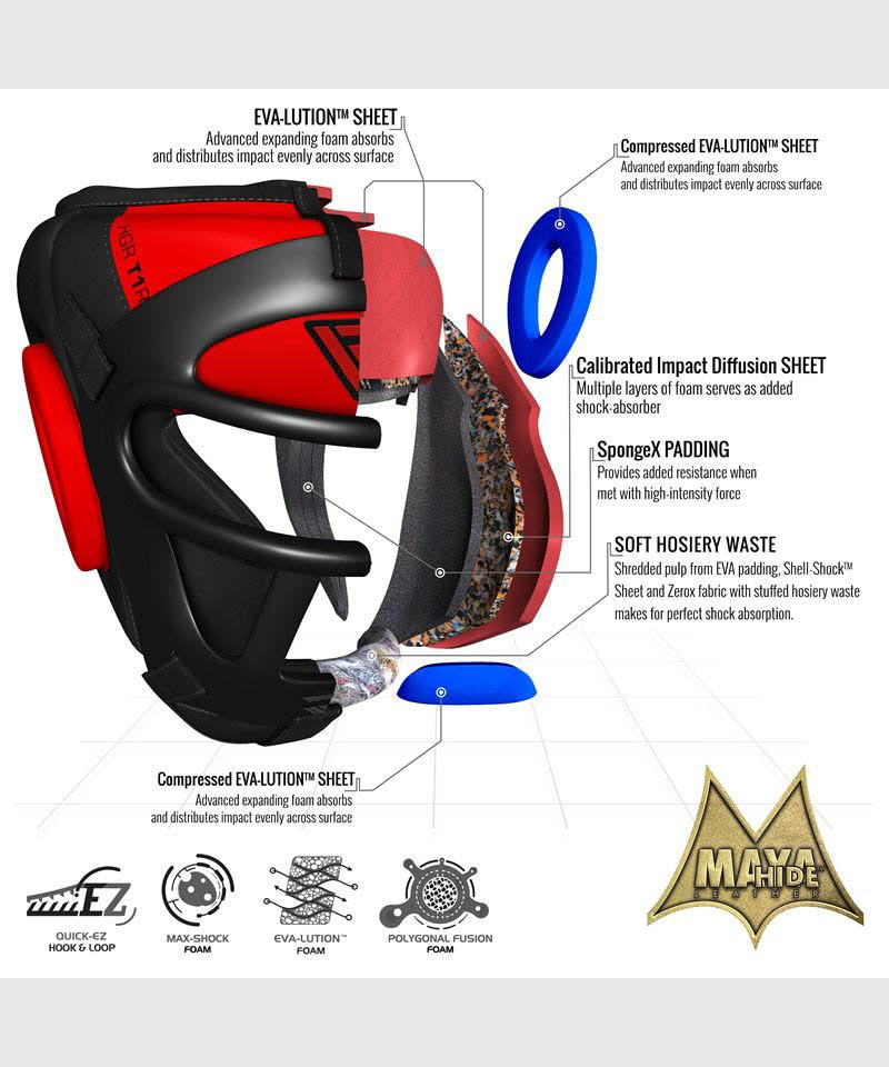 RDX Sports Zero Impact Kopfschutz mit Gitter - Schwarz/Rot