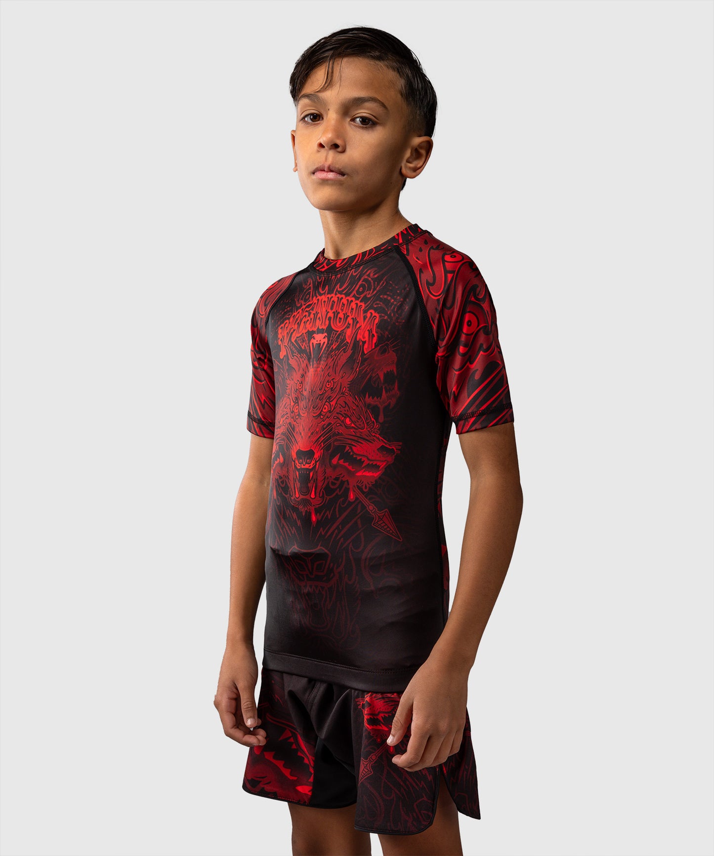 Rashguard à Manches Courtes Pour Enfants Venum Wolf Atak – Noir/Rouge