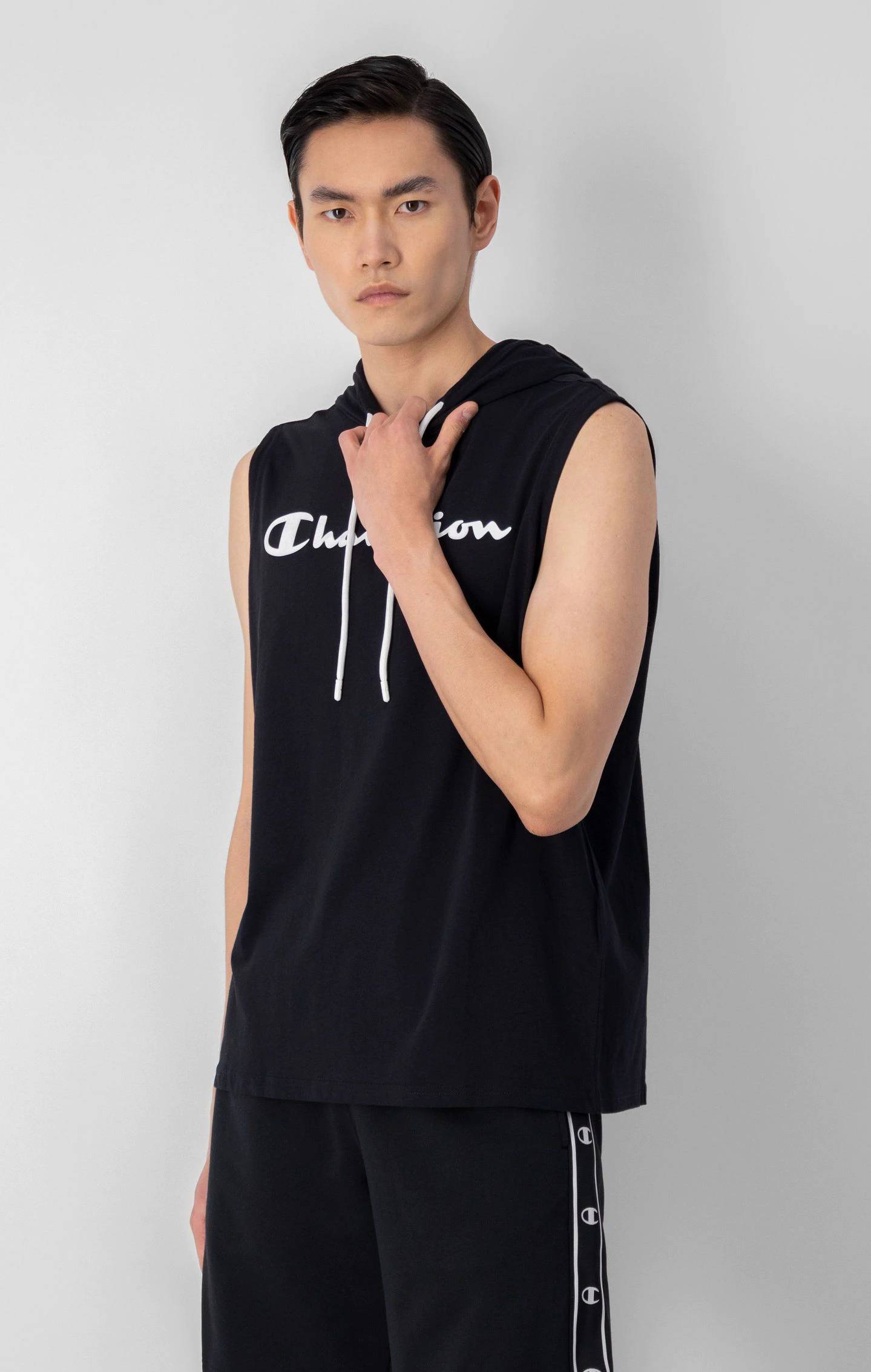 Champion T-Shirt mit Kapuze Ärmellos – Schwarz