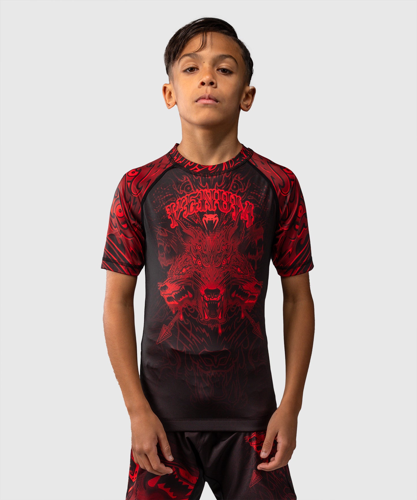 Rashguard à Manches Courtes Pour Enfants Venum Wolf Atak – Noir/Rouge
