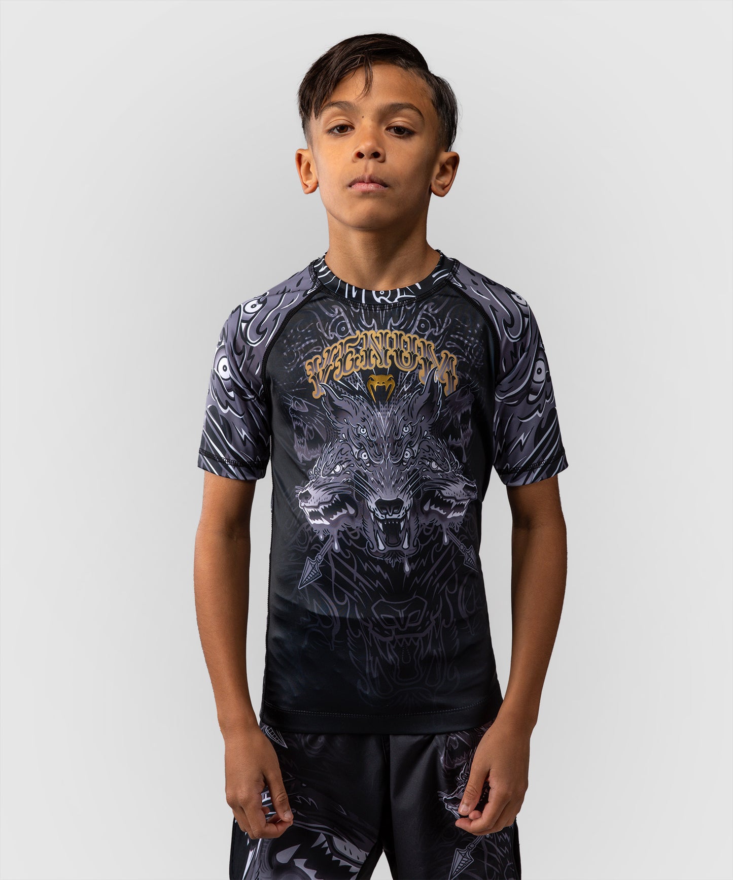 Rashguard à Manches Courtes Pour Enfants Venum Wolf Atak – Noir/Gris