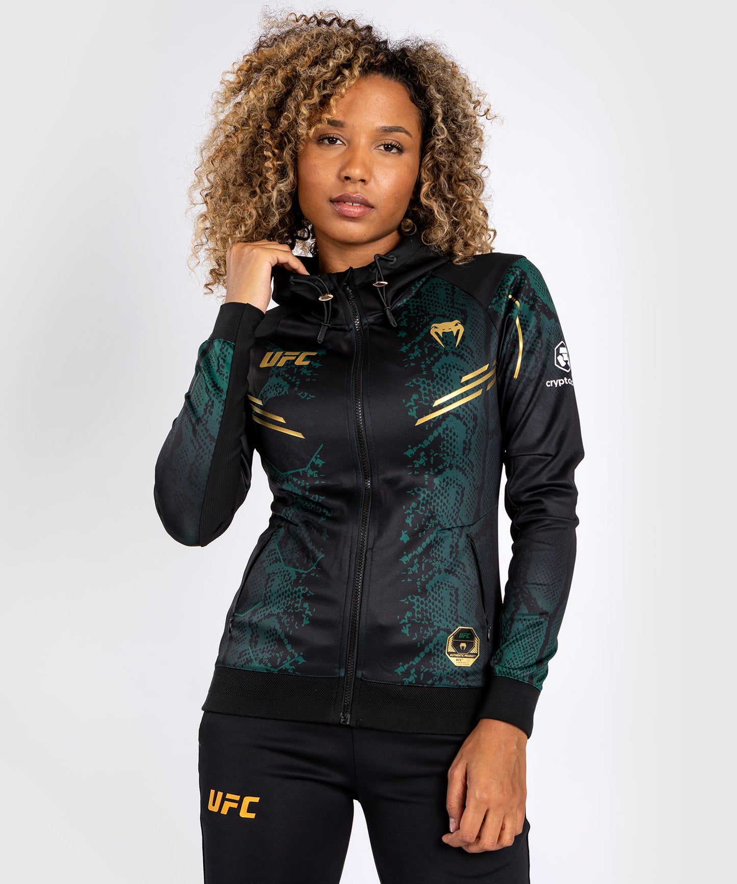 UFC Adrenaline by Venum Authentic Fight Night Felpa con cappuccio Walkout da donna - Emerald Edition - Verde/Nero/Oro
