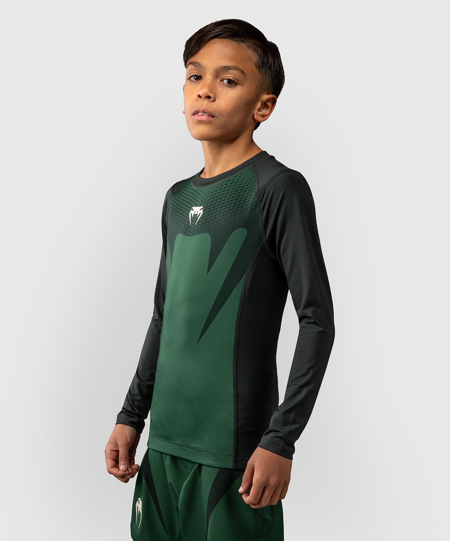 Venum Attack Kids Long Sleeve Rashguard - Forest Green/ Off White