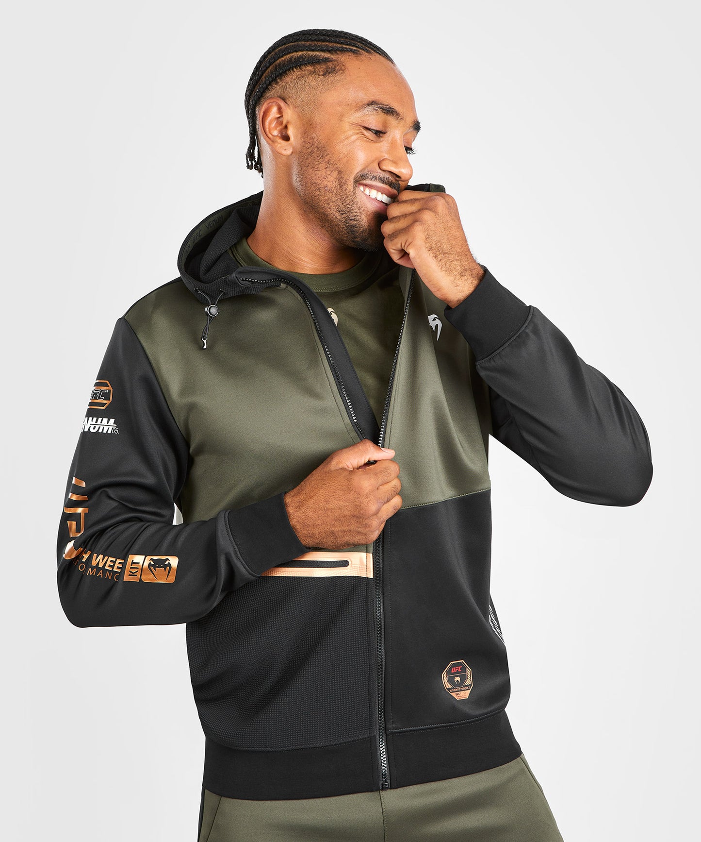 Sweatshirt zippé à capuche UFC Adrenaline by Venum Fight Week - Khaki/Bronze