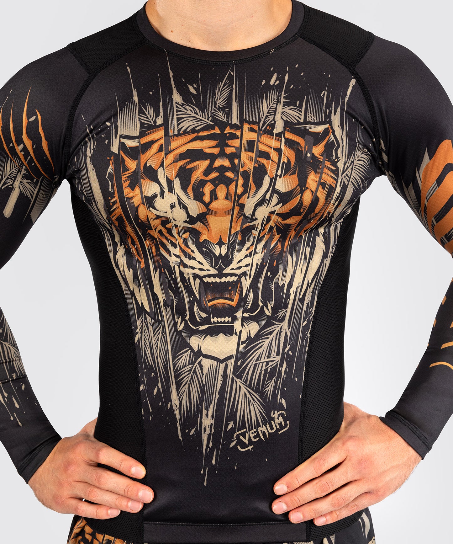 Rashguard à Manches Longues Venum Tiger pour Hommes - Noir/Orange Néon