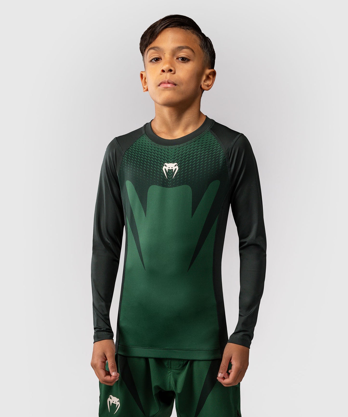 Venum Attack Kids Long Sleeve Rashguard - Forest Green/ Off White