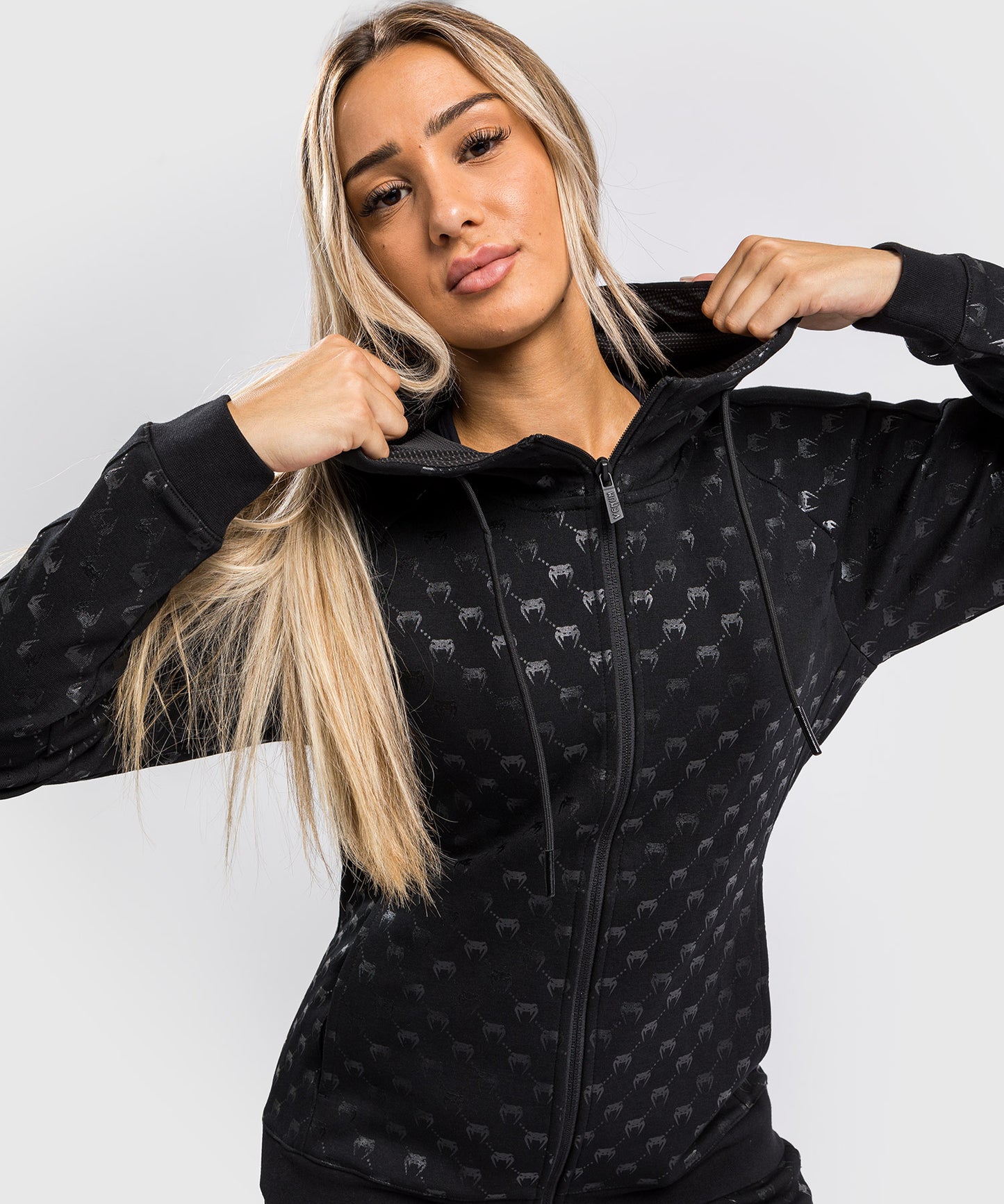 Sudadera con Capucha y Cremallera Monogram Venum para Mujer – Negro/Oro Rosa