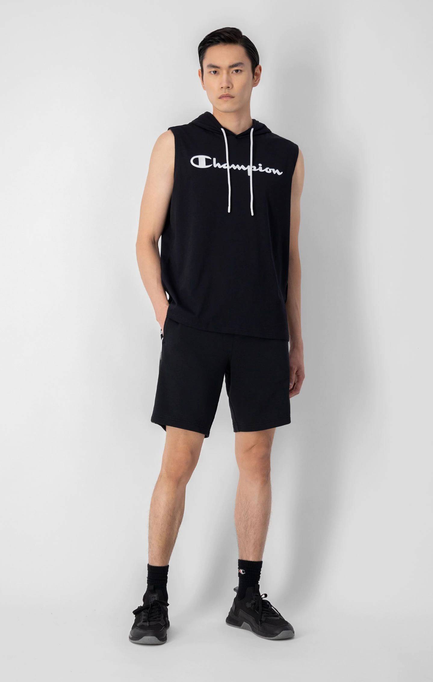 Champion T-Shirt mit Kapuze Ärmellos – Schwarz