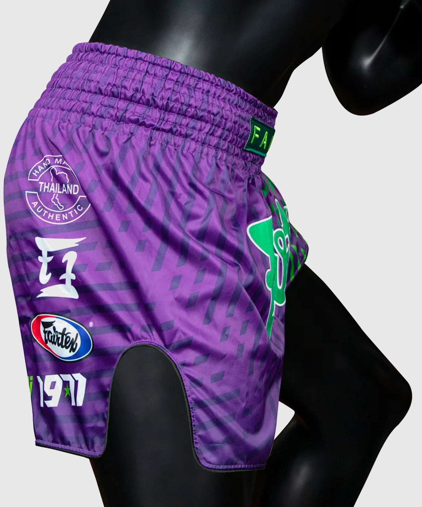 Fairtex Racer Pantalones de Muay Thai - Violeta/Verde